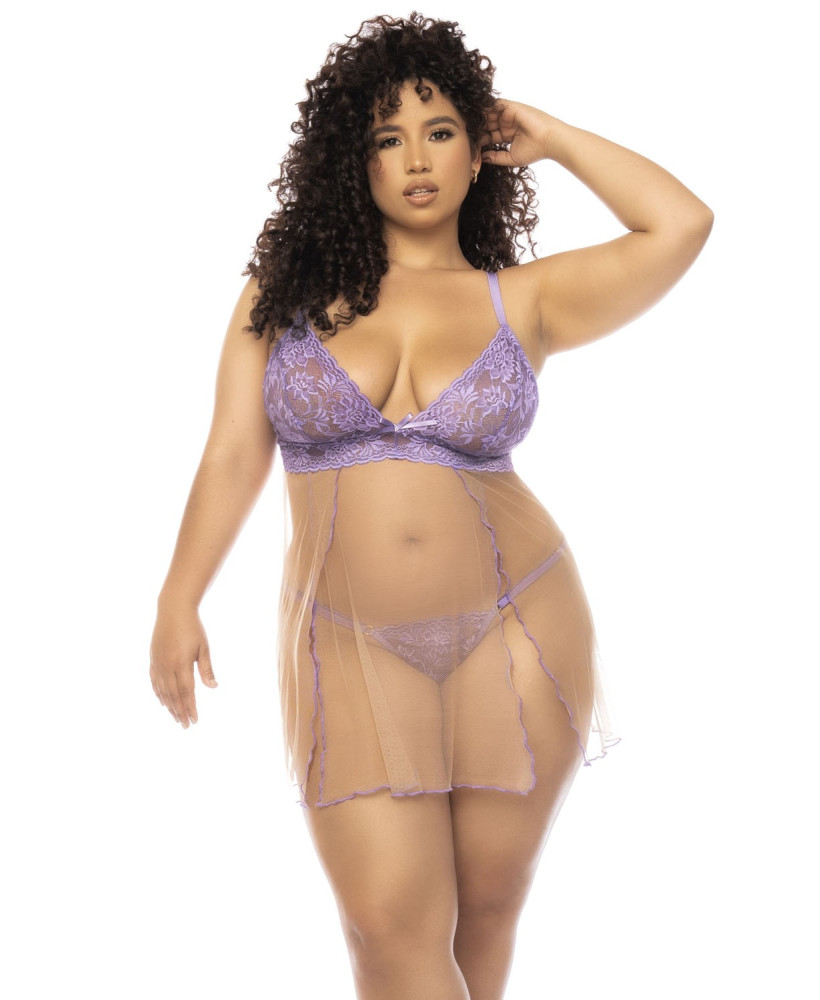 Nuisette grande taille couleur lavande et chair Verona, en dentelle et résille transparente 